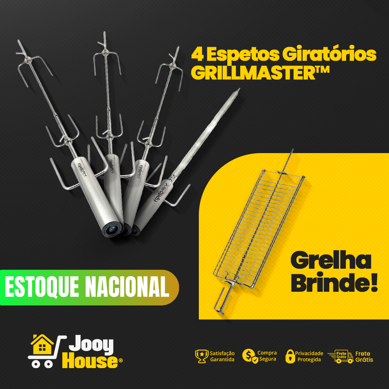 GRILLMASTER™ - Kit de 4 Espetos Giratórios com Grelha Brinde - [OFERTA LIMITADA🔥] - [BRINDE + FRETE GRÁTIS]🔥