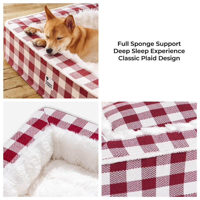 Cama festiva clássica tartan aconchegante para cães anti-ansiedade calmante