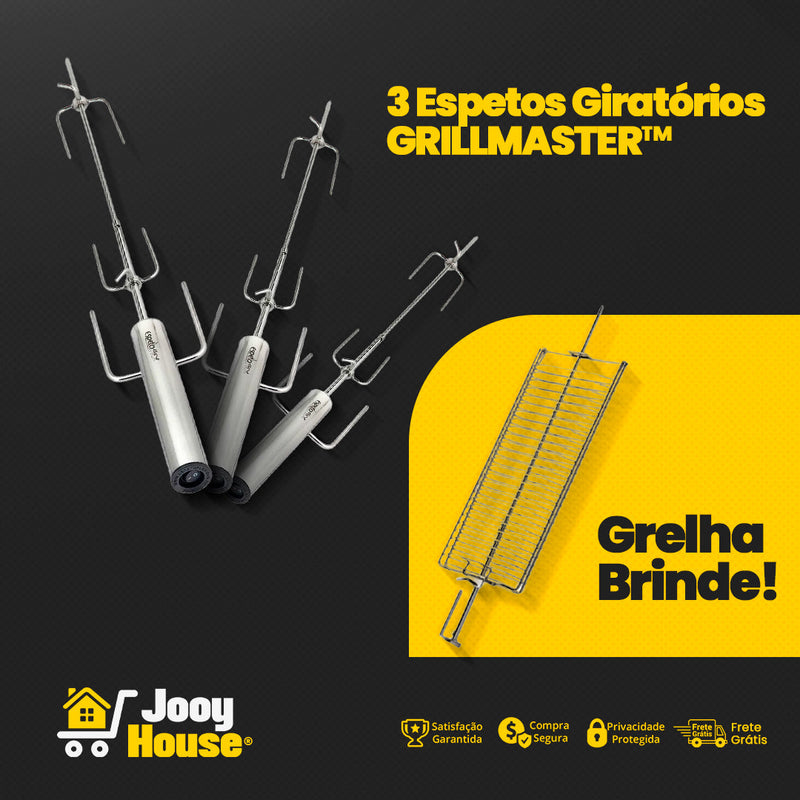 GRILLMASTER™ - Kit de 4 Espetos Giratórios com Grelha Brinde - [OFERTA LIMITADA🔥] - [BRINDE + FRETE GRÁTIS]🔥