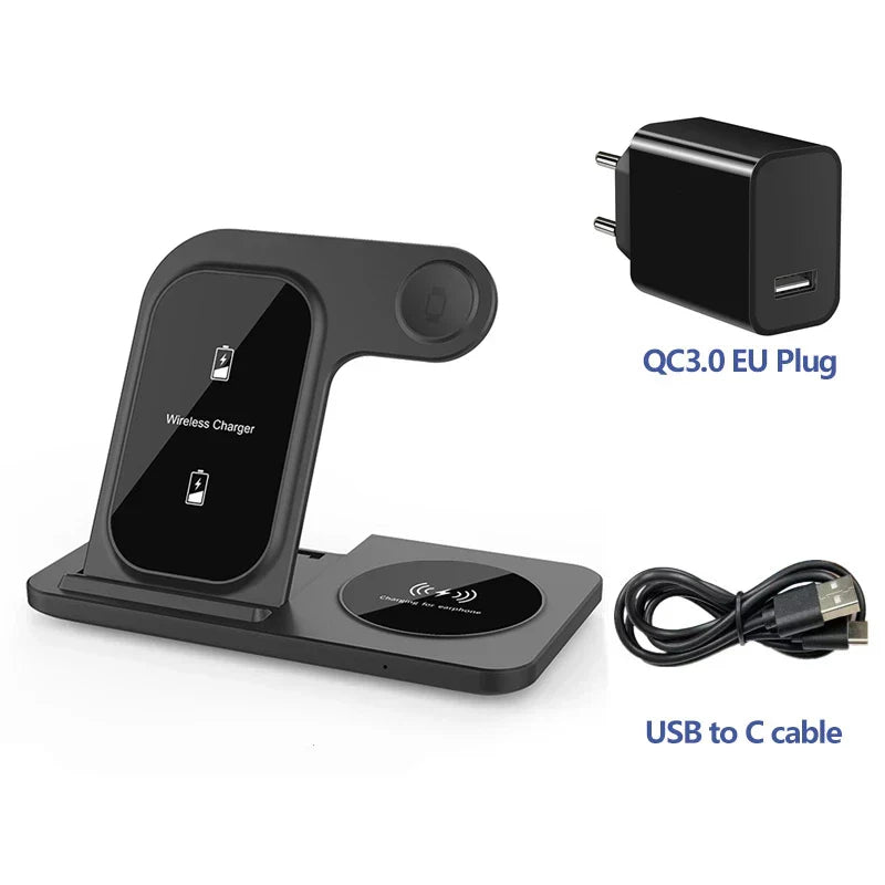 SUPORTE de CARREGAMENTO por INDUÇÃO sem fio, Carregador para iPHONE 15, 14, 13, 12, 11, 8, X, XS, AIRPODS, Apple IWATCH 7, 15W, 3 em 1, 2023