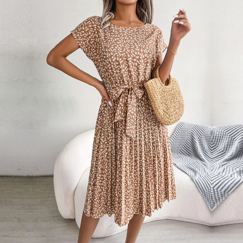 VESTIDO Longo com DOBRAS Permanentes com MANGA Curta, Cintura ALTA, Design FLORAL, Moda PRIMAVERA-Verão 9 CORES