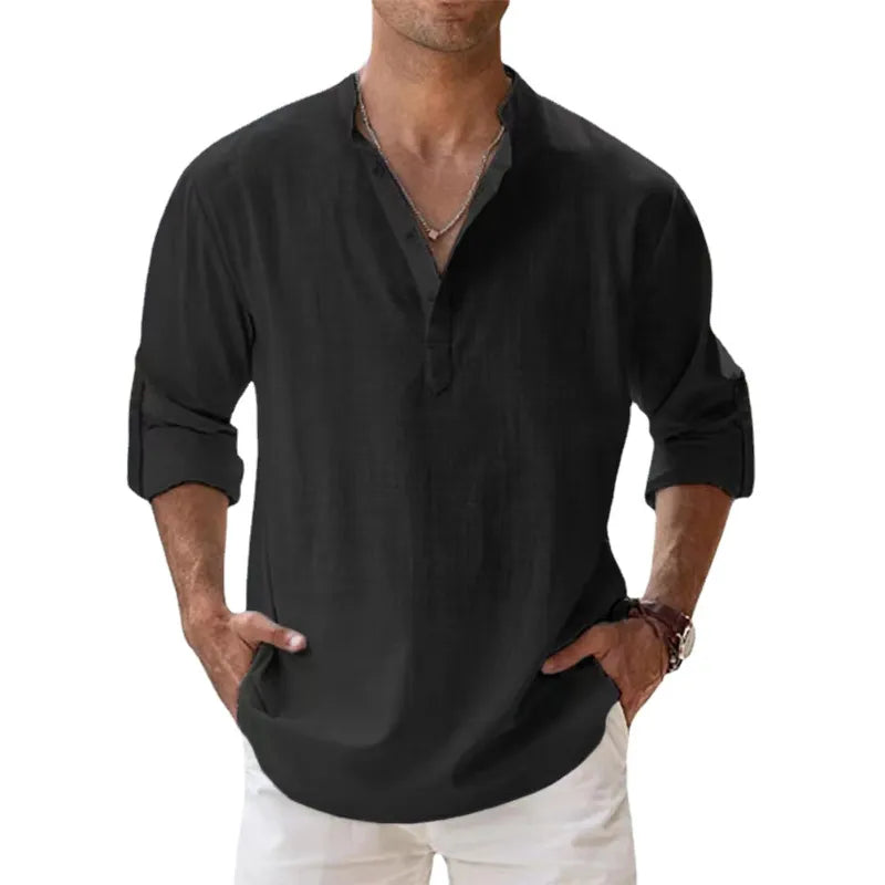 CAMISAS de LINHO de Algodão para HOMENS, Leves, Casuais, de MANGA COMPRIDA, de Henley Beach, Estilo HAVAIANAS - 8 CORES