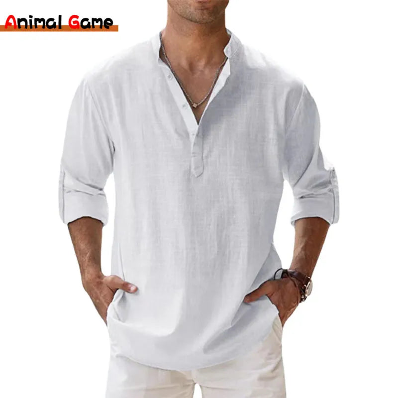 CAMISAS de LINHO de Algodão para HOMENS, Leves, Casuais, de MANGA COMPRIDA, de Henley Beach, Estilo HAVAIANAS - 8 CORES