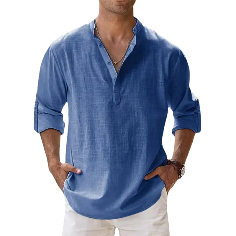 CAMISAS de LINHO de Algodão para HOMENS, Leves, Casuais, de MANGA COMPRIDA, de Henley Beach, Estilo HAVAIANAS - 8 CORES