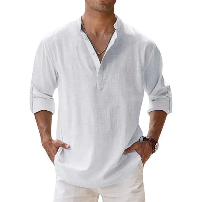 CAMISAS de LINHO de Algodão para HOMENS, Leves, Casuais, de MANGA COMPRIDA, de Henley Beach, Estilo HAVAIANAS - 8 CORES