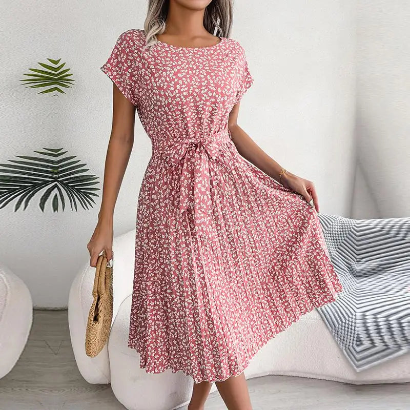 VESTIDO Longo com DOBRAS Permanentes com MANGA Curta, Cintura ALTA, Design FLORAL, Moda PRIMAVERA-Verão 9 CORES