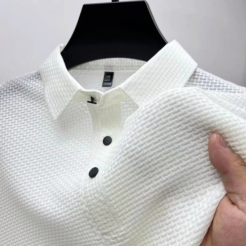 CAMISA Polo de SEDA Manga Curta ELÁSTICA, RESPIRÁVEL, Casual SÓLIDA, Moda Verão - 6 CORES