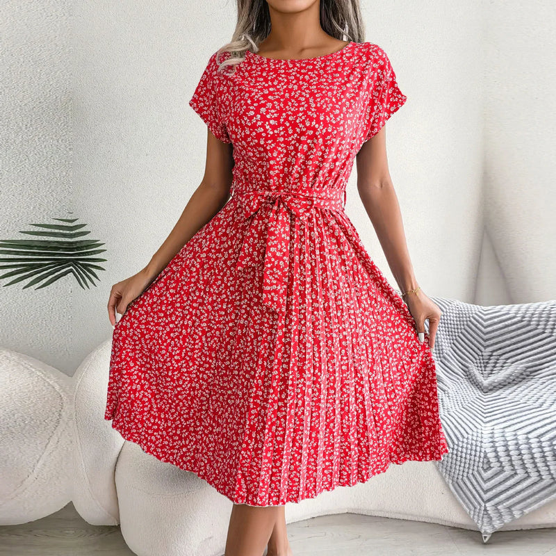 VESTIDO Longo com DOBRAS Permanentes com MANGA Curta, Cintura ALTA, Design FLORAL, Moda PRIMAVERA-Verão 9 CORES