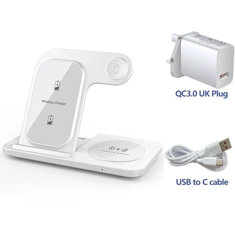 SUPORTE de CARREGAMENTO por INDUÇÃO sem fio, Carregador para iPHONE 15, 14, 13, 12, 11, 8, X, XS, AIRPODS, Apple IWATCH 7, 15W, 3 em 1, 2023