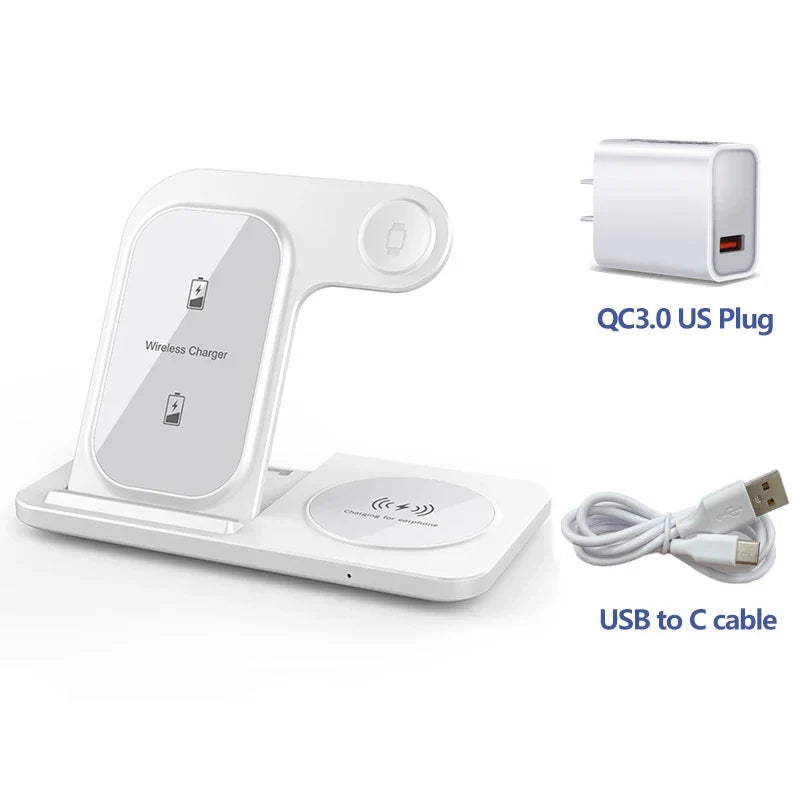 SUPORTE de CARREGAMENTO por INDUÇÃO sem fio, Carregador para iPHONE 15, 14, 13, 12, 11, 8, X, XS, AIRPODS, Apple IWATCH 7, 15W, 3 em 1, 2023