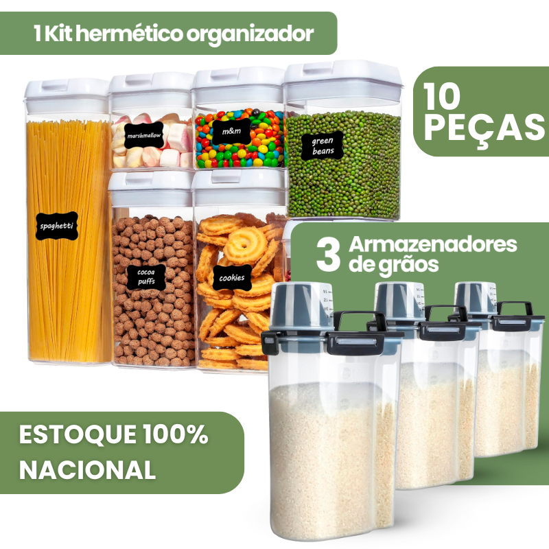 FreshFit™ Kit Completo: 3 Dispensers e 7 Potes Herméticos para Manter sua Despensa Organizada e Fresca!