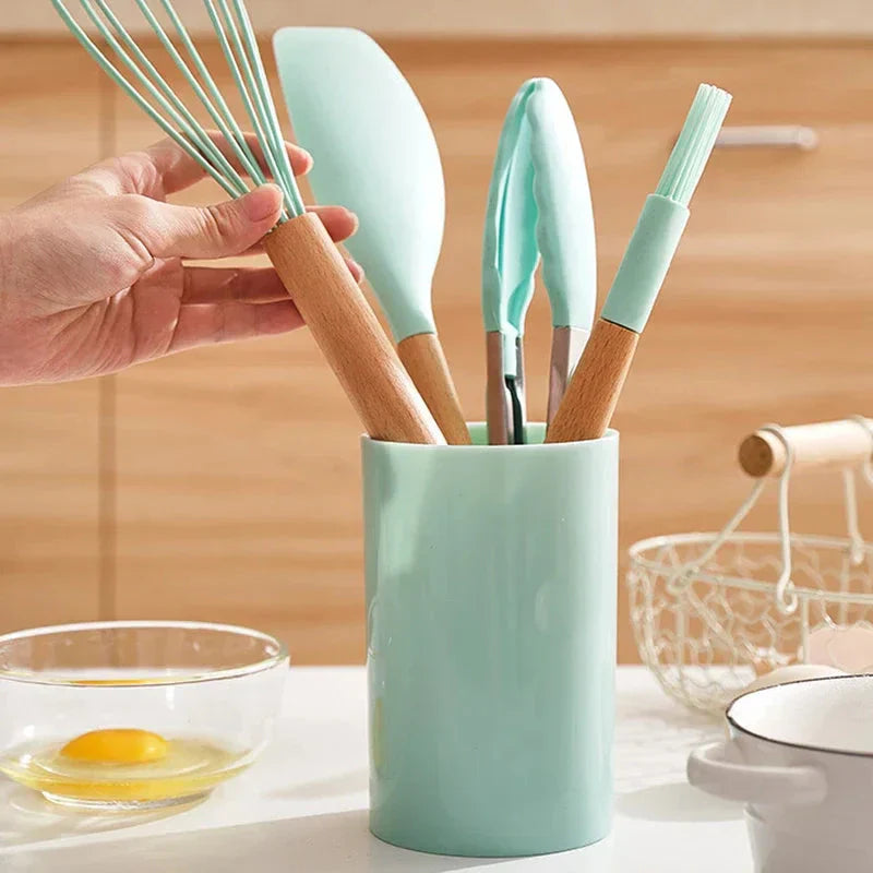 Kit Utensílios Cozinha em Silicone e Cabo De Madeira - 12 Peças